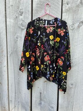 Simply Ruby Black Floral Open Front Top with Multi Color Blooms Size L